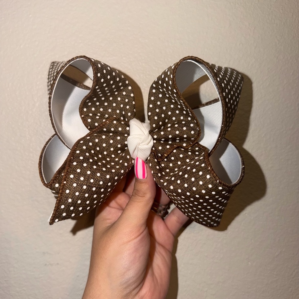 Brown Bitty Dot Kids Hair Bow with white Knot